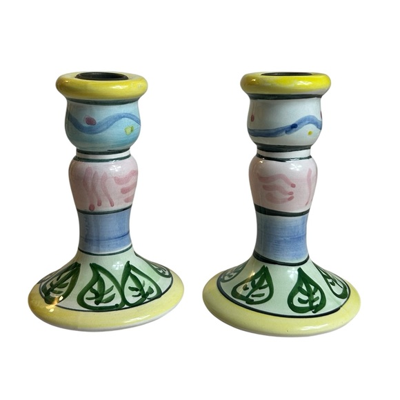 World Bazaar Candle Sticks Ceramic 5” Colorful Leaves Whimsical Spring Summer - Picture 2 of 9